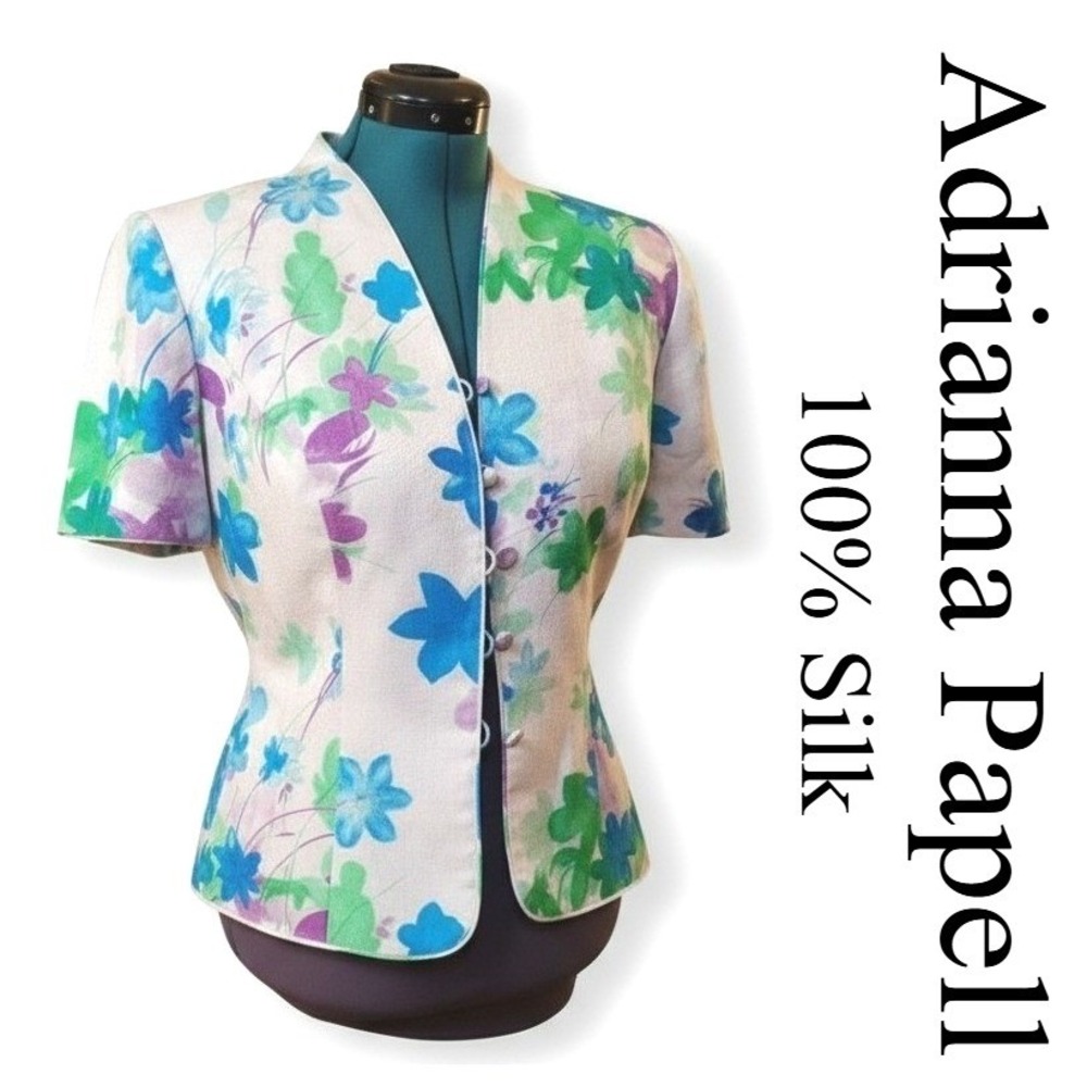 Adrianna Papell Vintage 100% Silk Floral Short Sleeve Blazer Jacket Blue Green 8